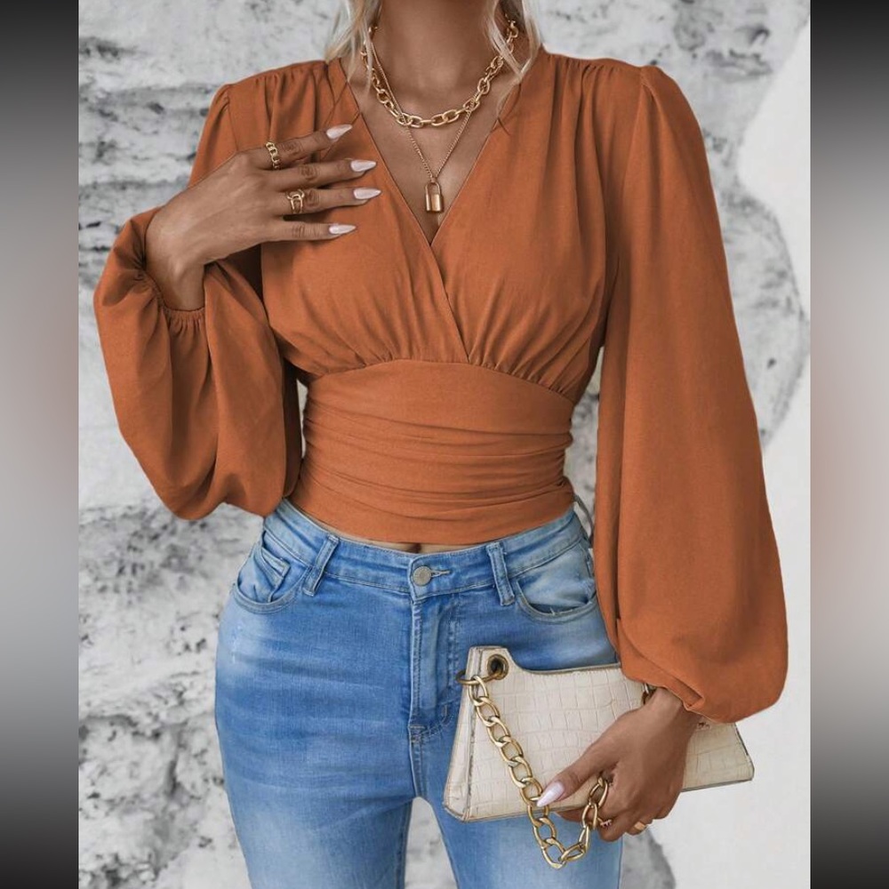 Solid Color V-Neck Lantern Sleeve Shirt